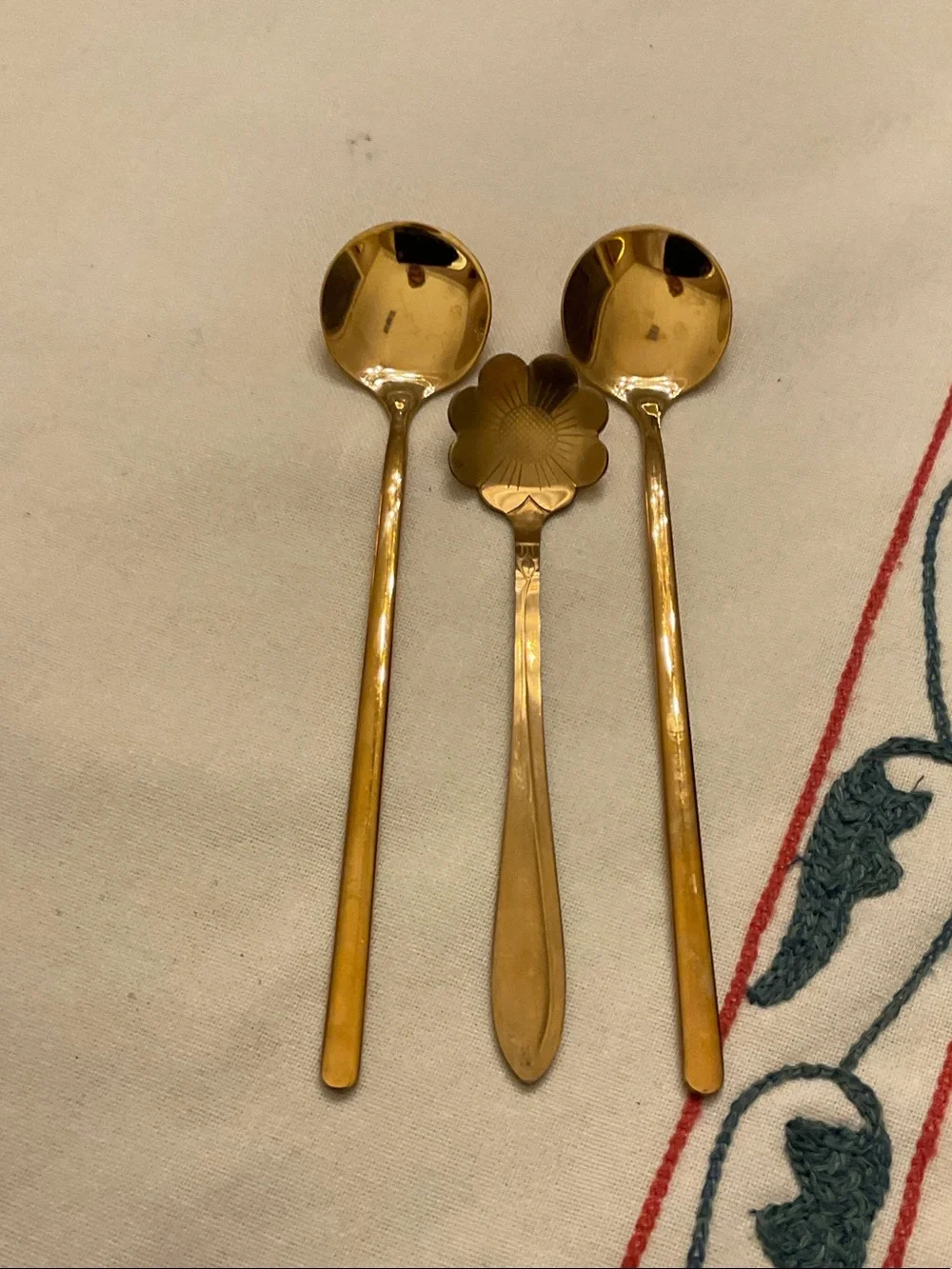 Set of 3 brass/ gold stainless entertaining spoons. Perfect for dips and other.